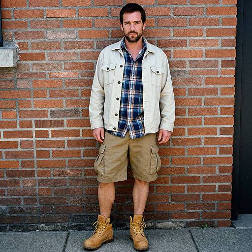 Photograph of a bearded man with dark hair, wearing a white jacket, plaid shirt, khaki shorts, and tan boots, standing against