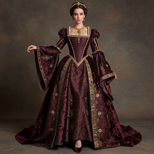 Photograph of a fair-skinned woman in a lavish, dark purple Renaissance-style gown with gold embroidery, puffed sleeves, and a square neckline,