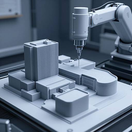 Photograph of a 3D printer working on a white, geometric, architectural model with a vertical CNC milling head in a modern workshop.