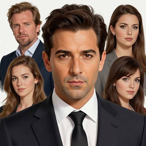 Photograph collage of six attractive individuals, centered on a handsome man with dark hair and intense gaze, surrounded by three women and two men in formal attire