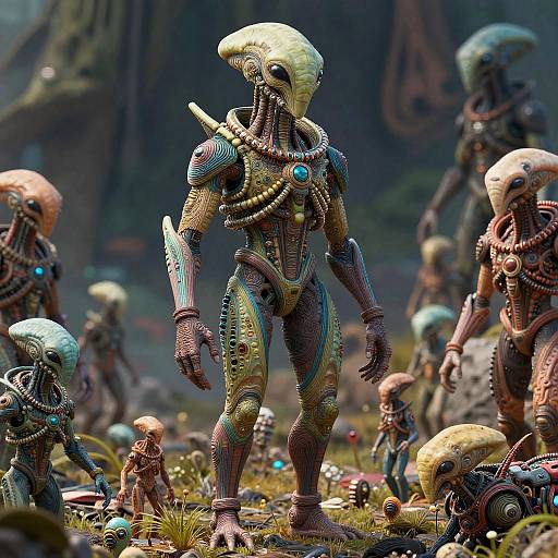 Digital artwork of a futuristic, humanoid creature with a yellow, helmet-like head, intricate armor, and biomechanical features, standing among similar beings in