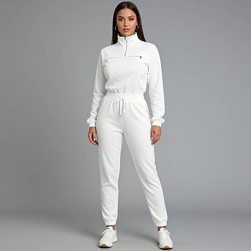 Photograph of a confident woman with long black hair, wearing a white zip-up tracksuit and white sneakers, standing against a plain gray background.