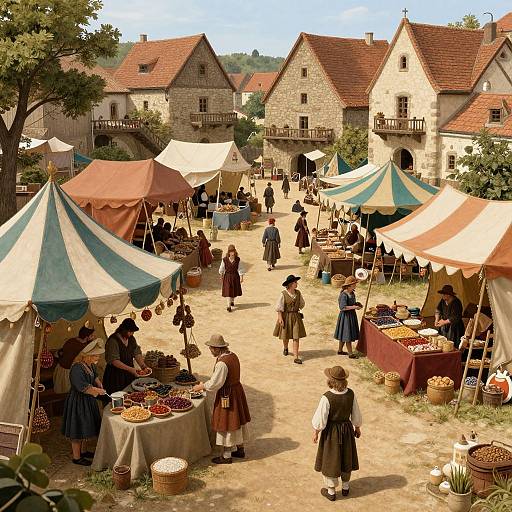 Medieval marketplace scene photograph: Colorful tents, stone buildings, villagers in period attire, baskets of fruits and goods, sunny day, tree shadows.