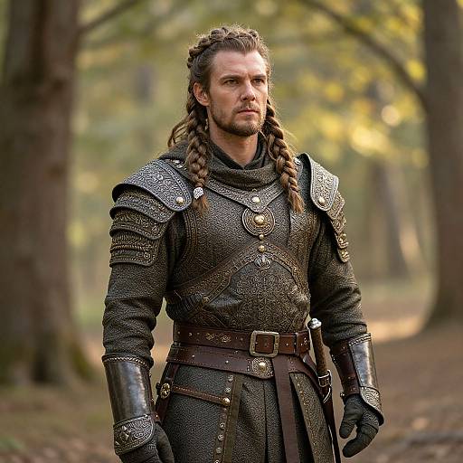 Photograph of a muscular, bearded man with long braided hair, wearing medieval dark armor with intricate designs, standing in a forest.