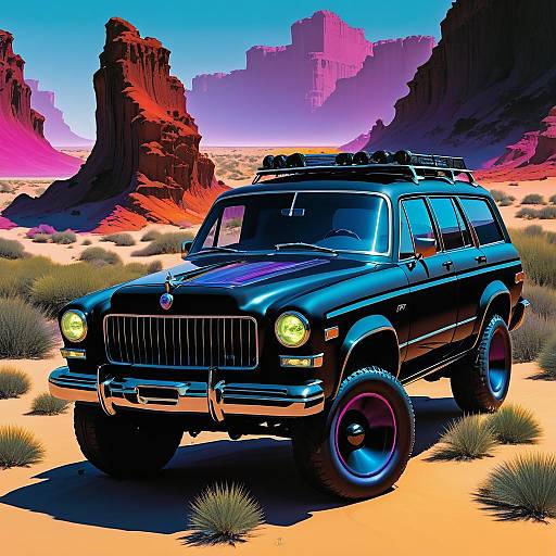 Black SUV in Desert Landscape with Vibrant Colors