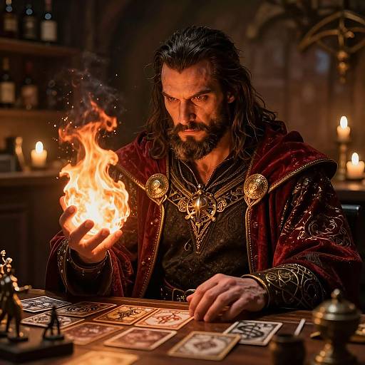 Muscular Sorcerer Casting Fireball in Tavern