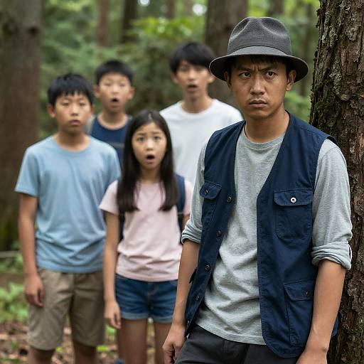 Man with Intense Expression in Forest with Surprised Children