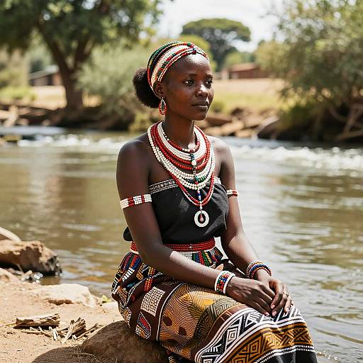 Photograph of a dark-skinned African woman with intricate traditional attire, sitting by a sunlit river, adorned with colorful beaded necklaces and head