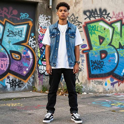 Photograph of a young Black man with short curly hair, wearing a denim vest, white t-shirt, black pants, and black-and-white sneakers,