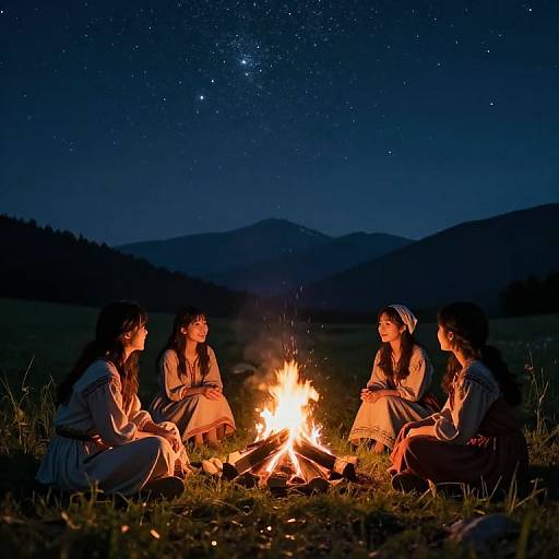 Girls Campfire Gathering Under Starry Sky