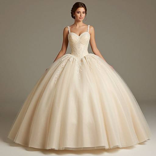 Photograph of a beautiful woman in a white, lace-embellished, sleeveless ball gown with a full, flowing skirt, standing against a