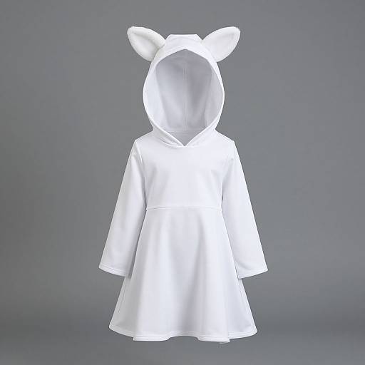 Photograph of a white, long-sleeved children's hooded dress with white animal ears on the hood, against a gray background.