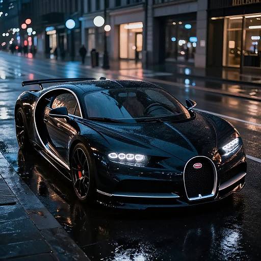 Photograph of a sleek, black, futuristic sports car with glowing blue lights parked on a wet, reflective urban street at night.