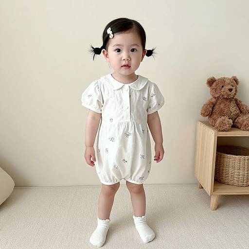 Photograph of an Asian toddler with black pigtails, wearing a white dress and socks, standing in a minimalist room with a wooden shelf and brown