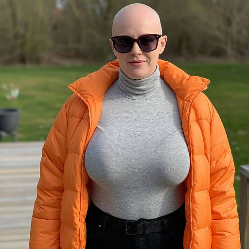 Bald woman with large breasts in gray turtleneck, bright orange puffer jacket, and black pants, wearing dark sunglasses, standing outdoors.