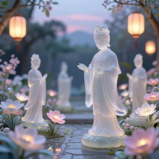 Photograph of glowing white statues of Asian women in traditional attire surrounded by blooming pink lotus flowers and warm lanterns at dusk.