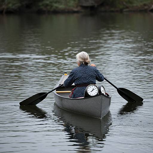 Photograph of an elderly woman with white hair, wearing a dark blue patterned shirt, rowing a gray boat with two clocks on the stern,