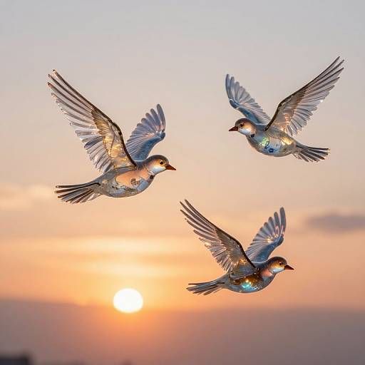 Photograph of three iridescent doves with glowing blue accents flying against a vibrant sunset sky with warm orange and pink hues.