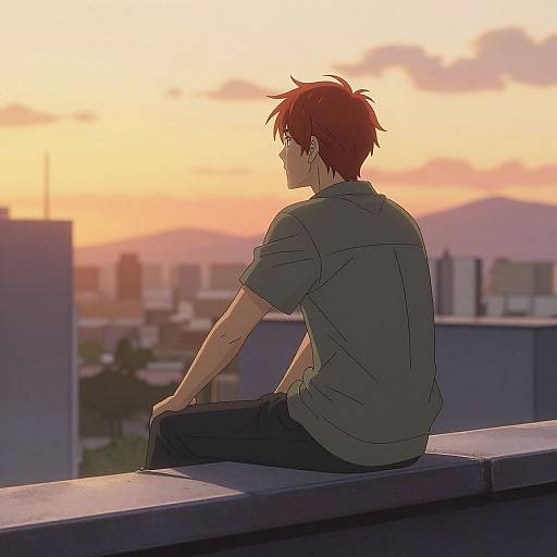 Anime-style drawing of a red-haired boy in a gray shirt, sitting on a rooftop, watching a sunset over a city skyline.