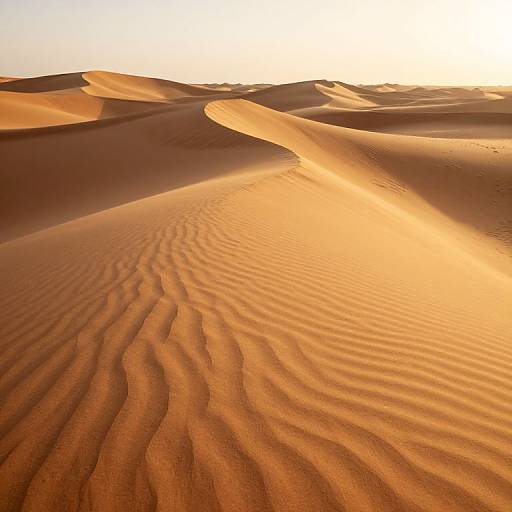 Photograph of a sunlit desert with rippled sand dunes, casting long shadows. Warm orange hues dominate, with a bright, glowing sky in