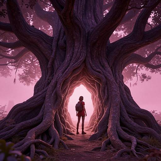 Digital artwork of a silhouetted figure standing in the hollow of a massive, twisted tree with glowing pink light behind.