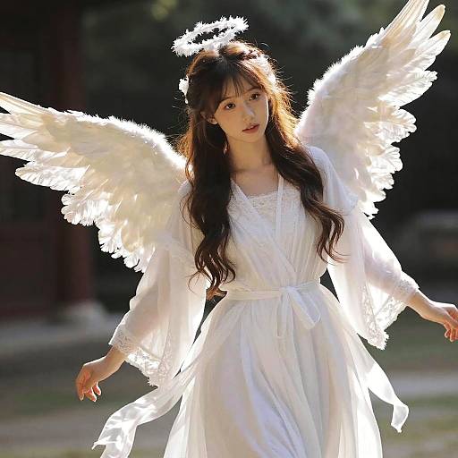 Young Woman in Angel Costume with Wings and Halo