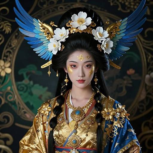 Digital art of an Asian woman in elaborate gold and blue traditional attire, adorned with white flowers, blue wings, and gold jewelry, set against a dark