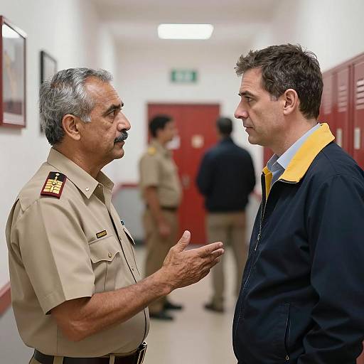 Two Men Conversing in Hallway