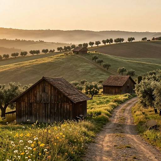 Photograph of a rustic countryside at sunset, featuring two wooden barns, a winding dirt path, lush green hills, scattered trees, and wildflowers