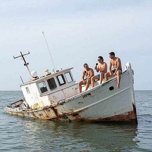 Photograph: Four shirtless, sunburned men in swim trunks sit on a rusty, white, abandoned boat in calm ocean waters, under