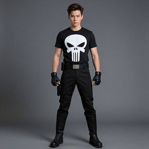 Photograph of a young, serious-looking man with short brown hair, wearing a black skull-print t-shirt, black pants, gloves, and boots,