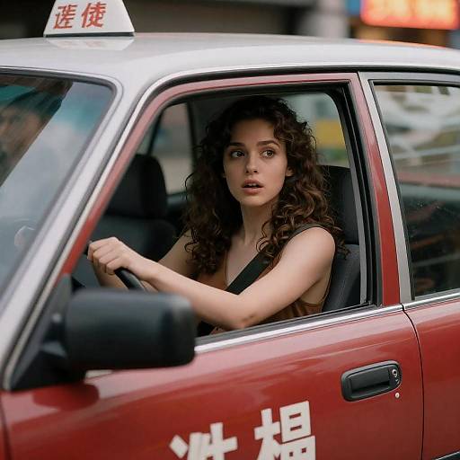 Surprised Woman Driving a Neon Taxi