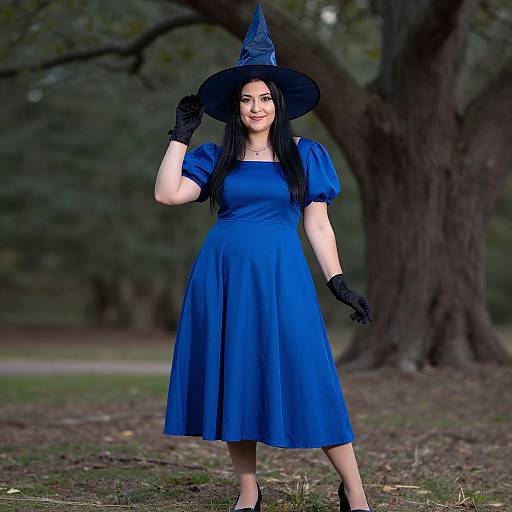 Photograph of a pale-skinned woman with long black hair, wearing a blue witch dress, black gloves, and a pointed hat, standing outdoors in