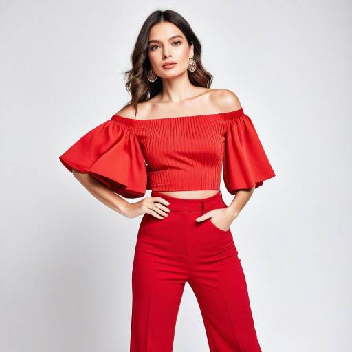 Confident woman in red off-shoulder top and pants