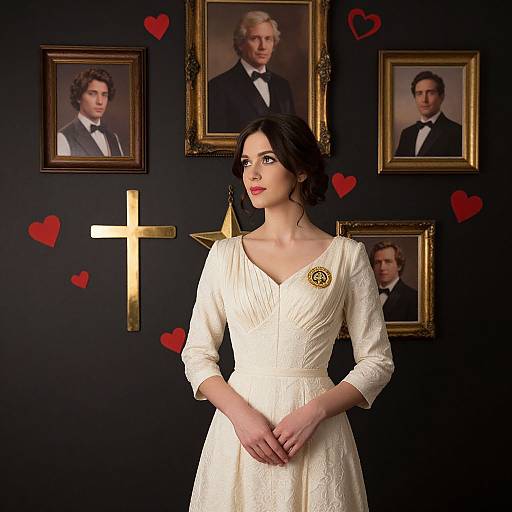 Photograph: Dark-haired woman in white lace dress with gold brooch, standing before black wall with framed portraits and red hearts.