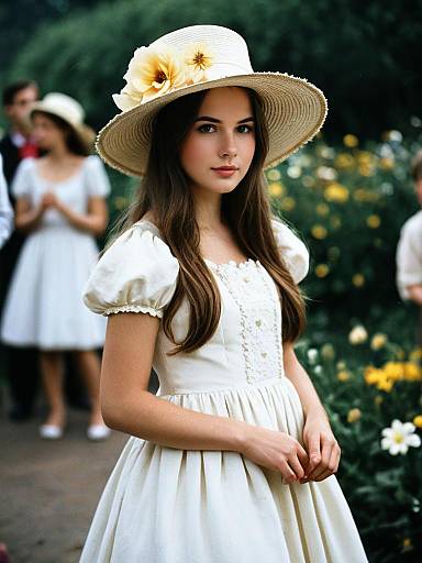 Young Woman in White Dress with Floral Hat