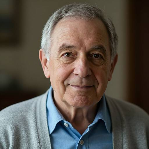 Photograph of an elderly man with gray hair, fair skin, and wrinkles, wearing a light blue shirt and gray cardigan, smiling softly, with