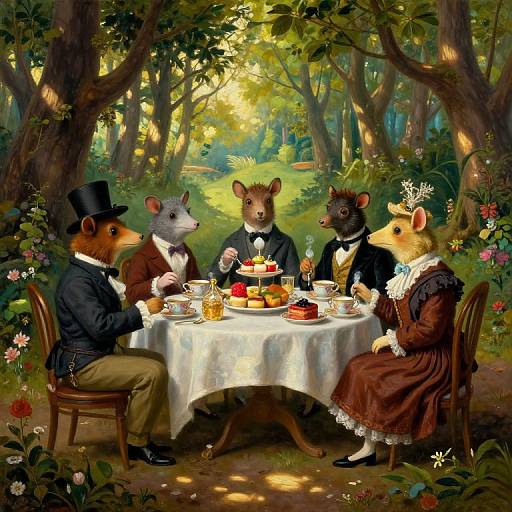 Digital painting of four anthropomorphic rodents in Victorian attire, seated around a table in a sunlit forest, enjoying tea and cake.
