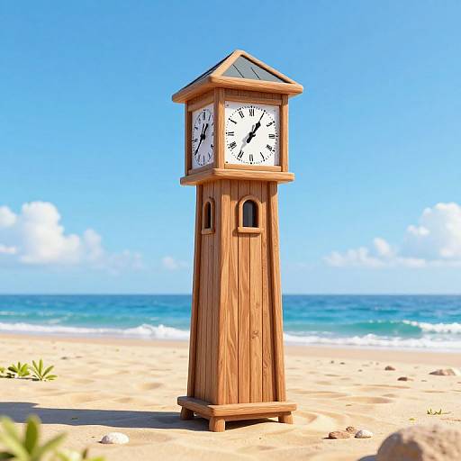 Digital illustration of a wooden clock tower on a sunny beach with turquoise ocean, white sand, and clear blue sky.