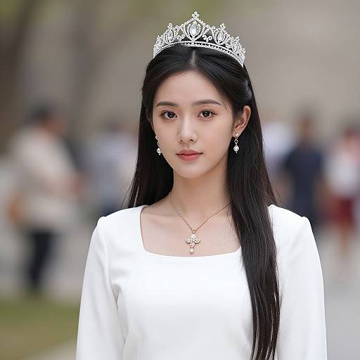 Photograph of an East Asian woman with long black hair, wearing a silver tiara, white dress, and pearl earrings, standing outdoors with a blurred