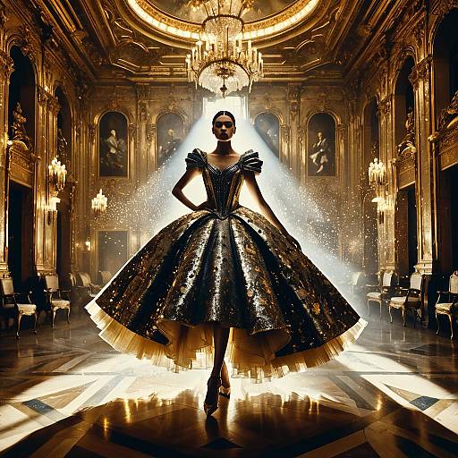 Avant-Garde Dancer in Metallic Couture in Baroque Ballroom