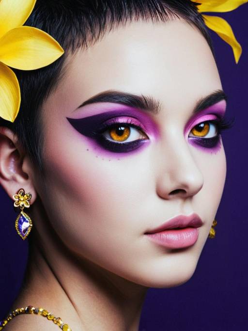 Portrait of Woman with Bold Purple Makeup and Yellow Flowers