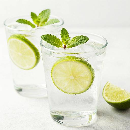 Photograph of two clear glasses with ice, fresh lime slices, and mint sprigs, set against a white background.