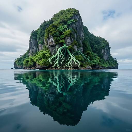 Photograph of a lush, tree-covered island with exposed, white tree roots reflected in calm, mirror-like water under a cloudy sky.
