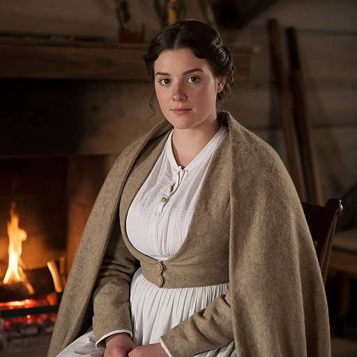 Photograph of a young woman with fair skin and dark hair, wearing a brown woolen cloak over a white blouse and skirt, sitting in front of