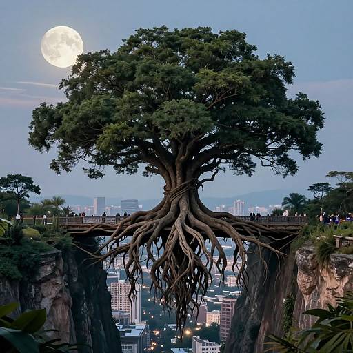 Photorealistic CGI of a giant tree with exposed roots, towering over a cityscape at dusk, illuminated by a full moon.