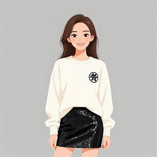 Digital illustration of a smiling Asian woman with long brown hair, wearing a white sweatshirt with a black logo and a sequined black skirt, against a