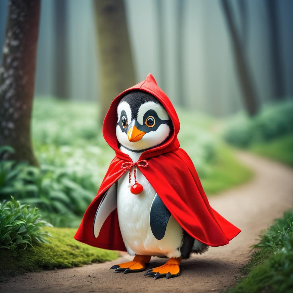 Whimsical Penguin in Little Red Riding Hood