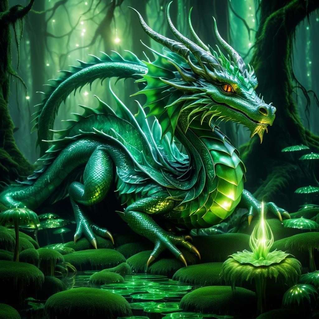 Surreal Green Dragon in Mystical Forest