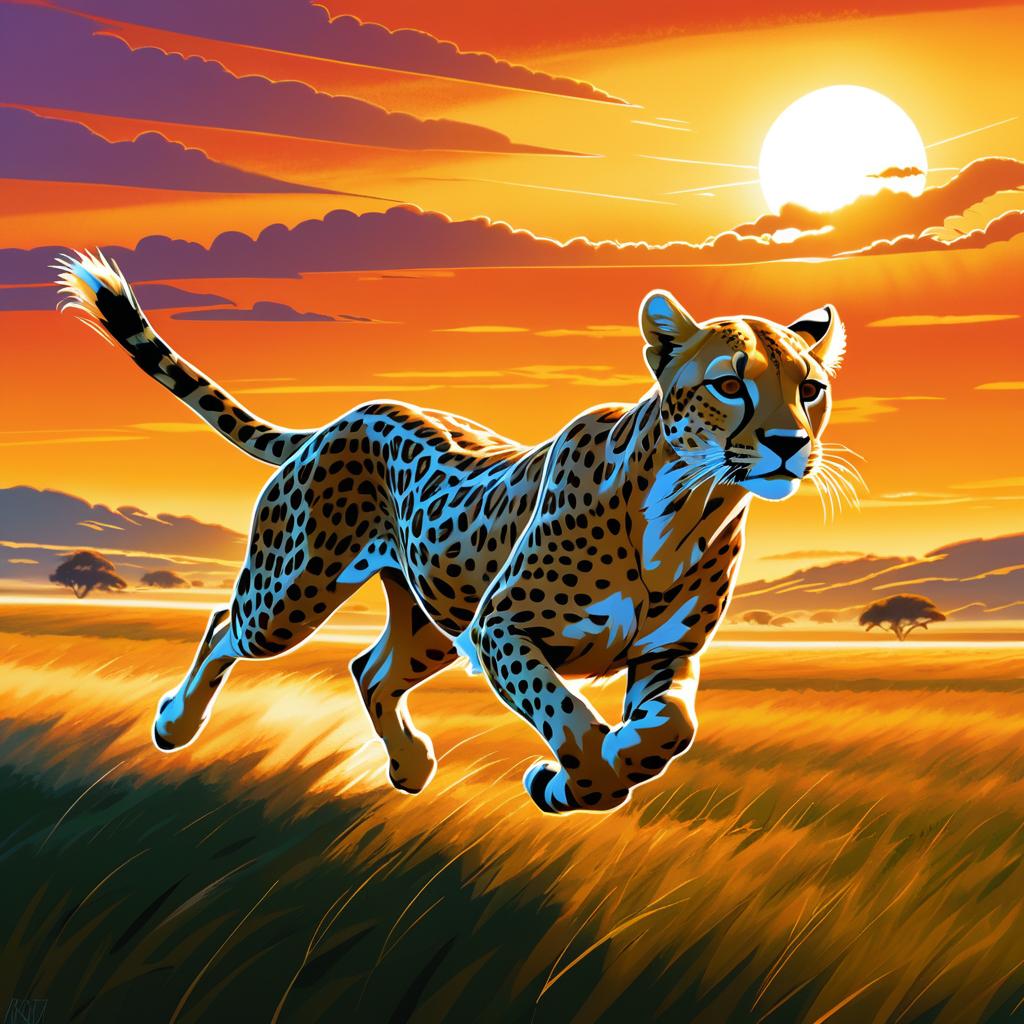 Fearless Cheetah in Dynamic Sunset Sprint